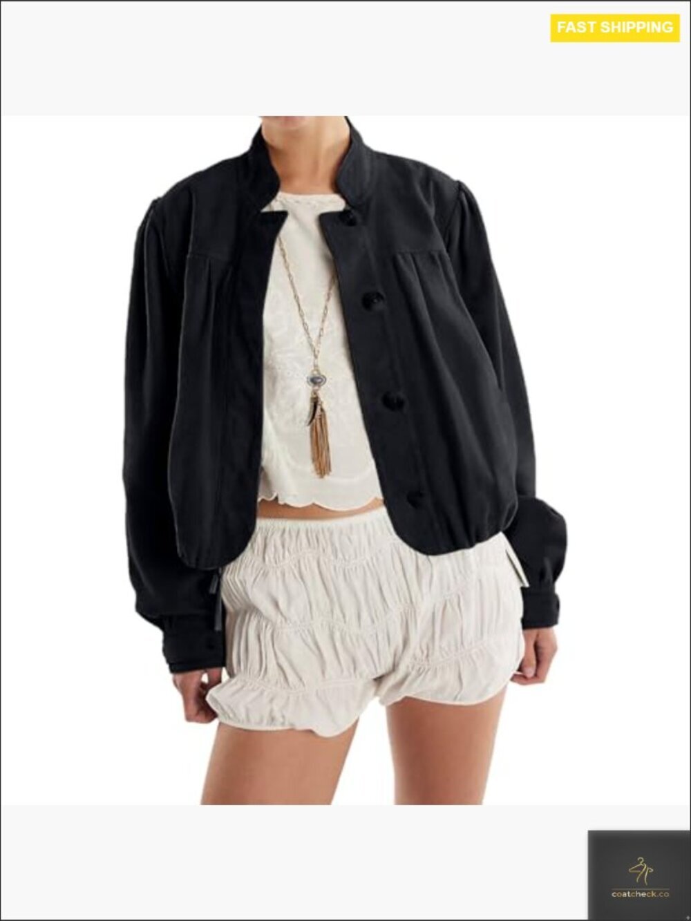 Faux Suede Oversized Cropped Jacket with Puffed Sleeves and Stand Collar - Picture 2 of 7